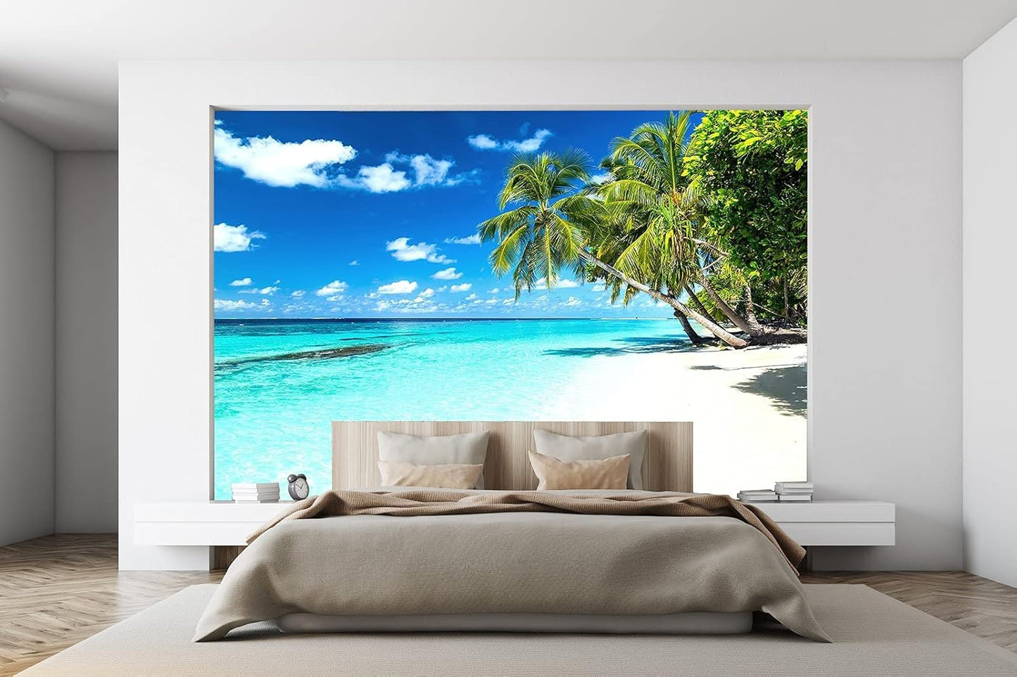 Palm Tree Wall Mural Tropic Paradise Beach Seascape Murals Wallpaper for Walls Bedroom Living Room Bedroom TV Background Kids Room Decoration(Not Peel and Stick)