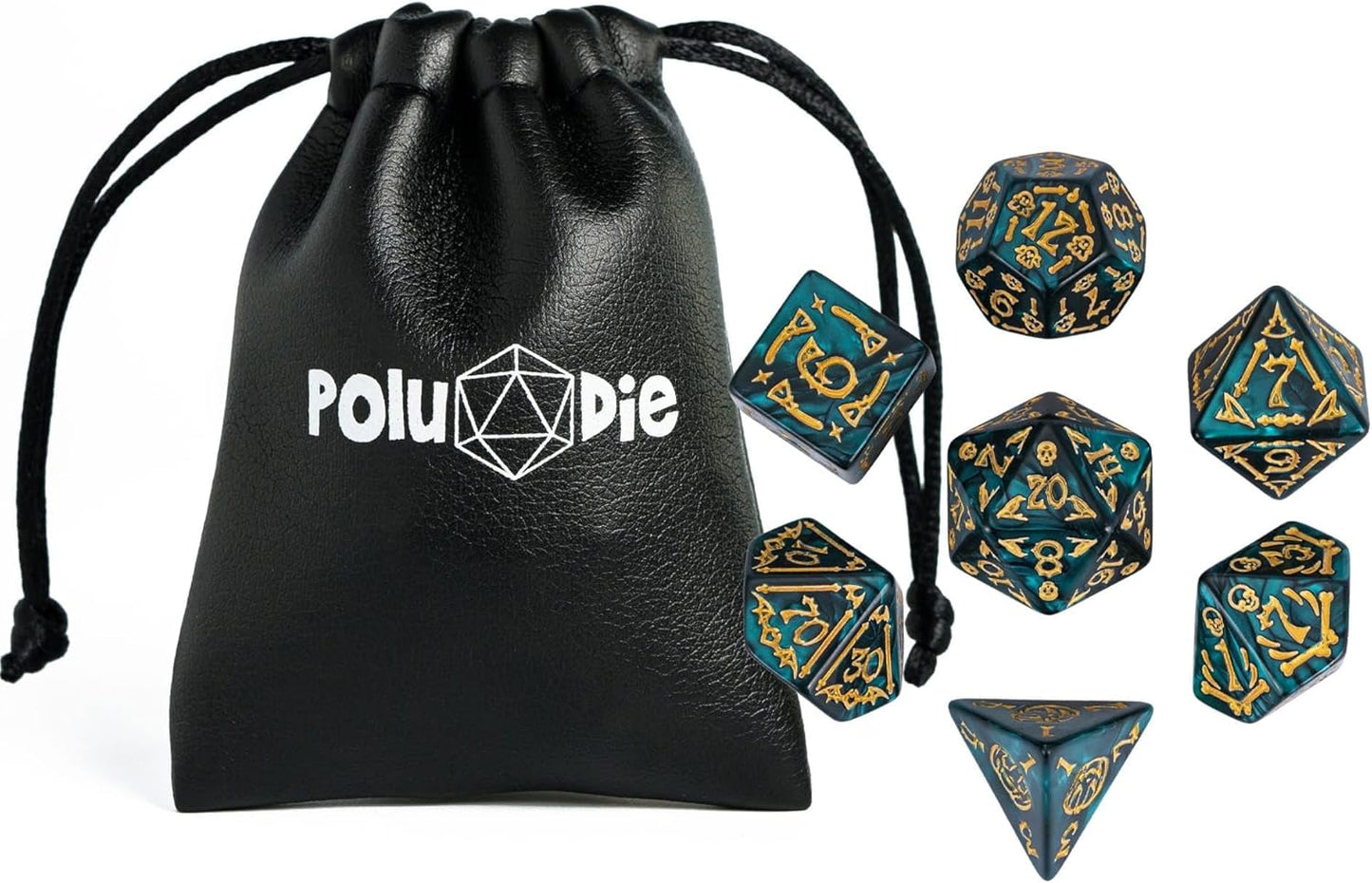 7-Die DND Dice Set Halloween Pattern Polyhedral Die Set with Leather Bag, Skull Dice D&D Die for RPG Table Games (Halloween Pattern-Green)