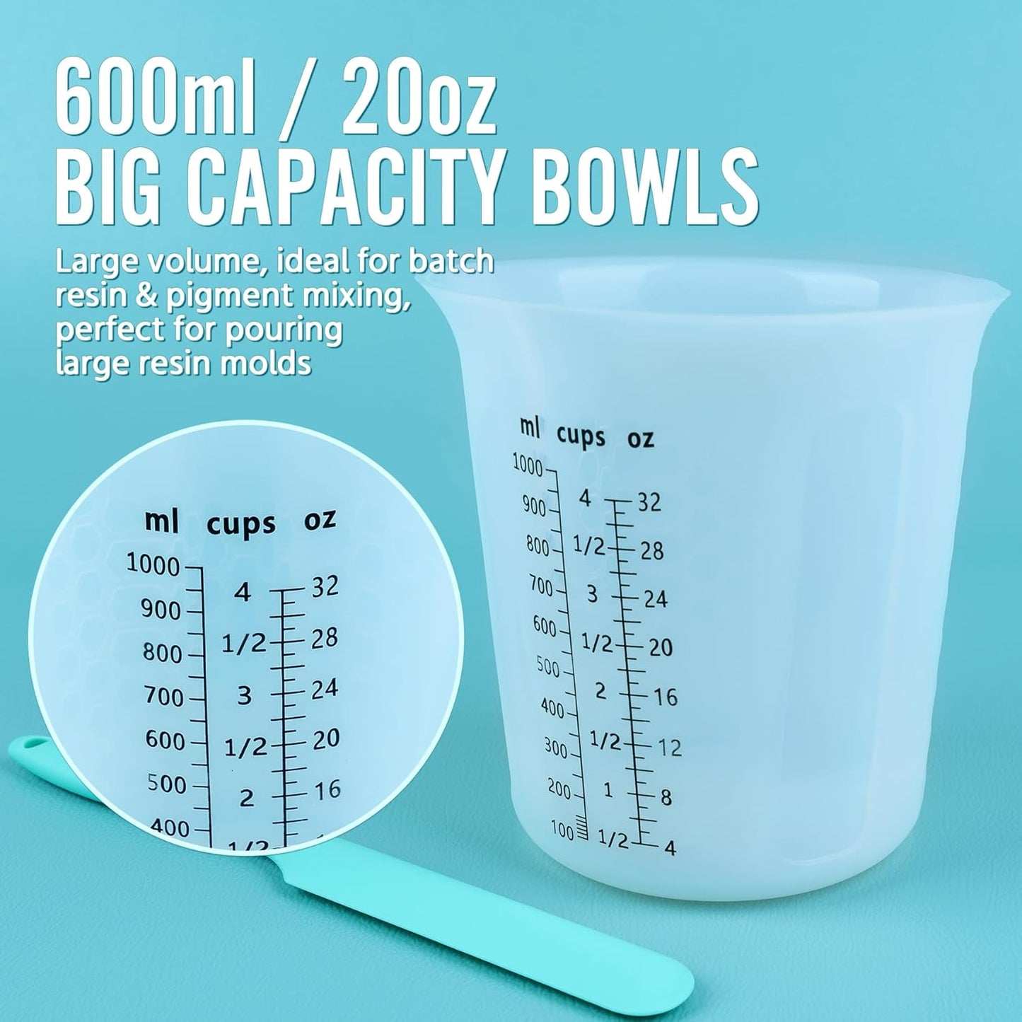Silicone Resin Mixing 1L Measuring Cup Set for Resin Supplies, Easy-to-Read Marks, 1000ml/32oz Large Cup, Thickened Reusable Silicone Cups for Epoxy Mixing, Jewelry Making