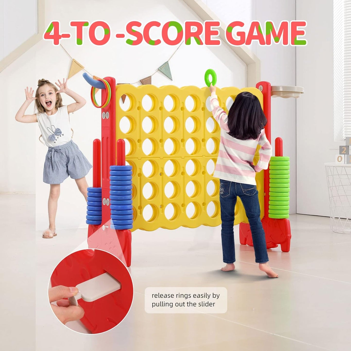 UNICOO Giant 4-in-A-Row with Carry Bag, Ring Toss, Basketball Hoop - Large Outdoor Game for Family Fun - Big Jumbo Game Set for Backyard Parties, BBQs, and Gatherings (Red + Yellow)