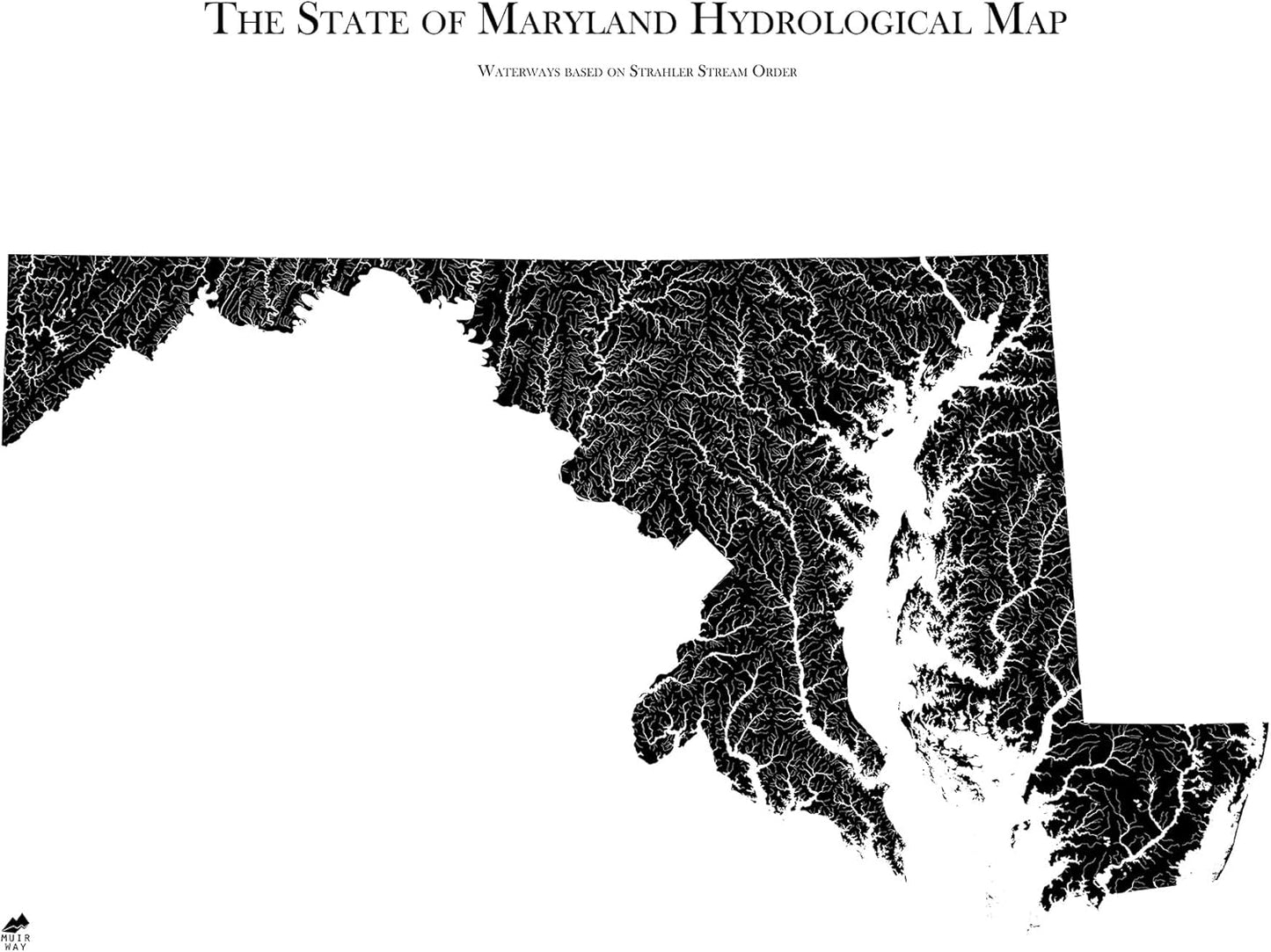 Muir Way Hydrological River Map of Maryland - Watershed Topographic Wall Art for Home, Office, or Travel Decor - Unframed Flat Paper Print, 24x30