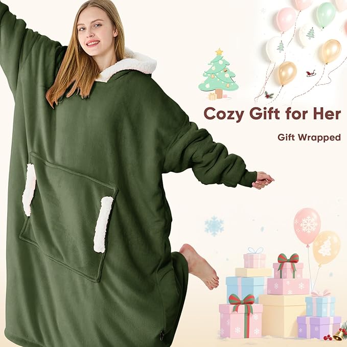 yescool Wearable Blanket Hoodie, Flannel Sherpa Fleece Blanket Sweatshirt for Adults Women Men,One Size Fits All