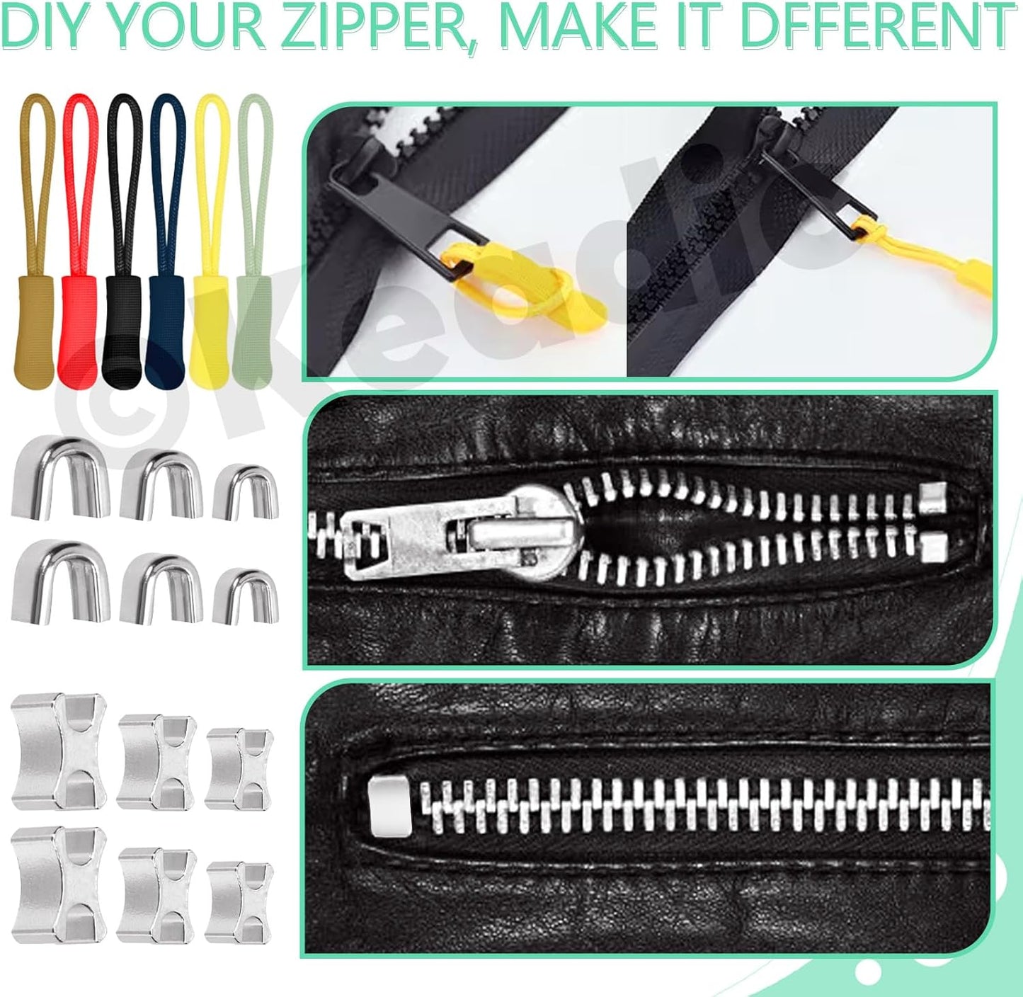 Keadic 144Pcs Zipper Repair Kit With 3/5/8 Sizes, Extension Pull, Top/Bottom Stops, Replacement Zippers, Pliers for Metal, Plastic, Nylon Coil Repair