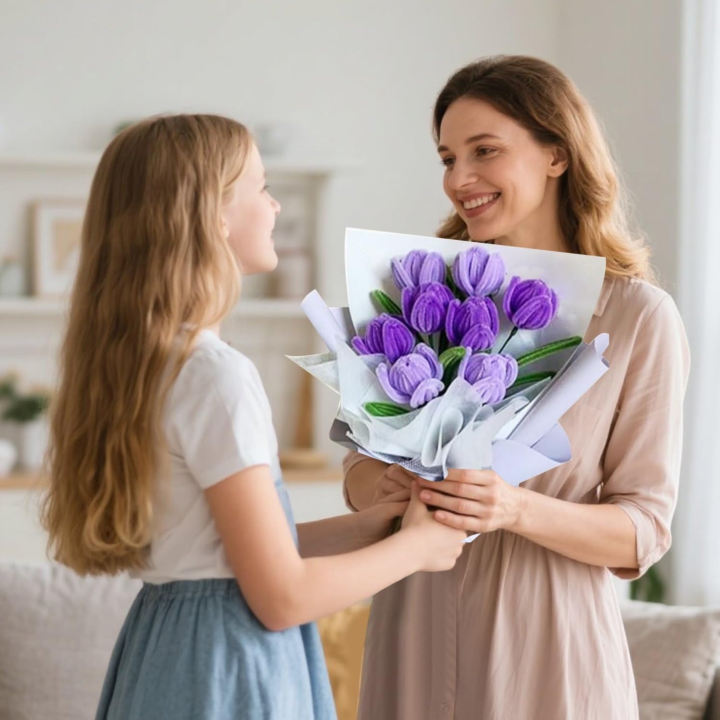 500 Pcs Pipe Cleaners Craft,5 Colors Pipe Cleaners Bulk,Chenille Stems Flowers Craft kit for DIY Handmade Bouquet Wrapping Party Decorations Whit Ribbons,Stems,Tape,Stamens, Glue Sticks (Purple)