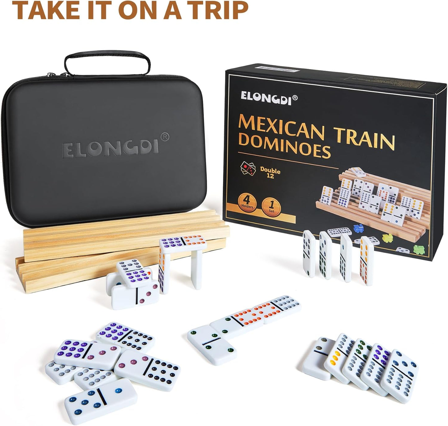 Mexican Train Double 12 Dominoes Set with 4 Wooden Trays/Racks in Portable Carrying Case Colorful 91 Tiles & 9 Trains Board Game for Family Game Night