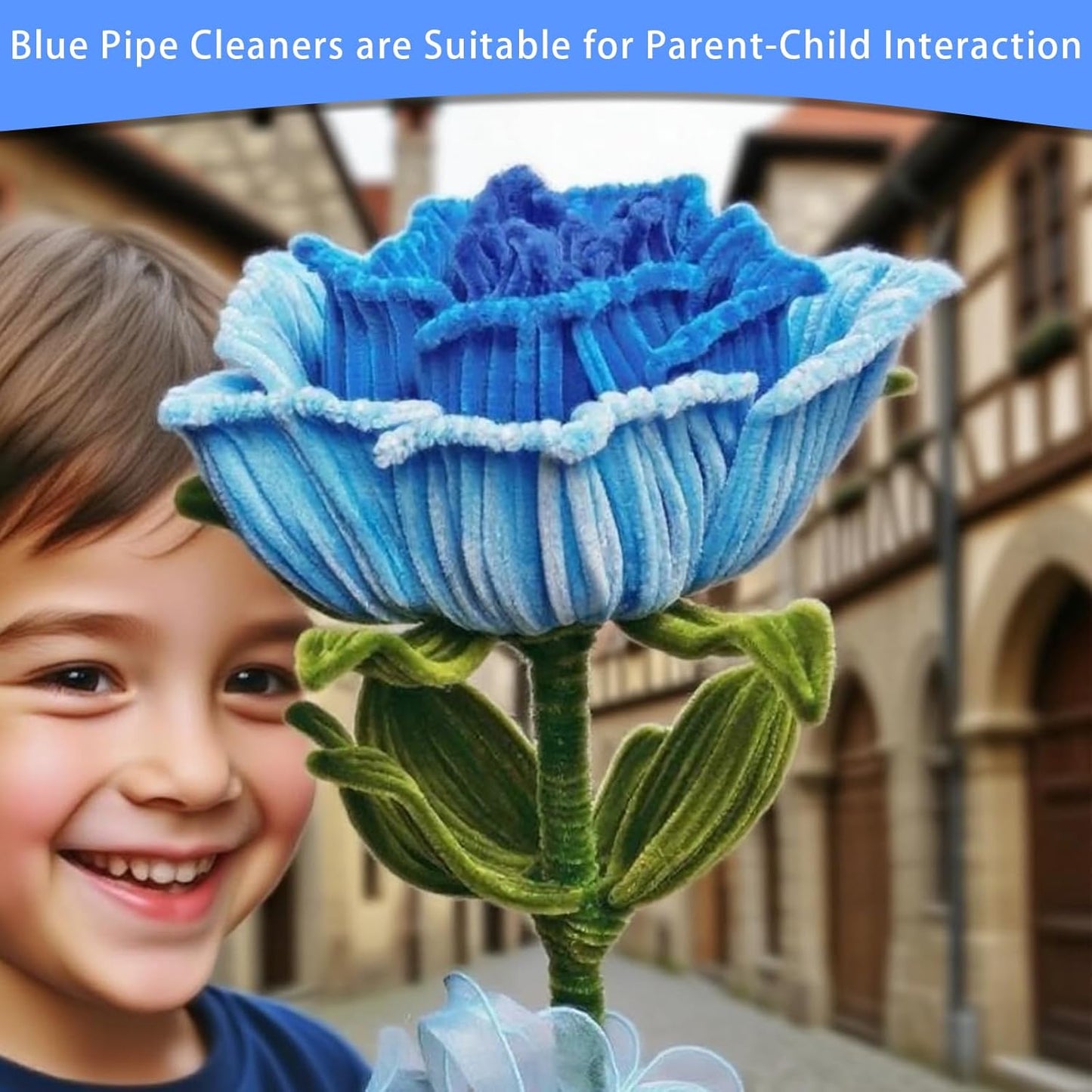 600Pcs Pipe Cleaners Craft,Multiple Assorted Colors Pipe Cleaners Bulk, Chenille Stems for DIY Flower Making Kit with Floral Wires, Gardening Tape,Stamen& Ribbon (Blue)