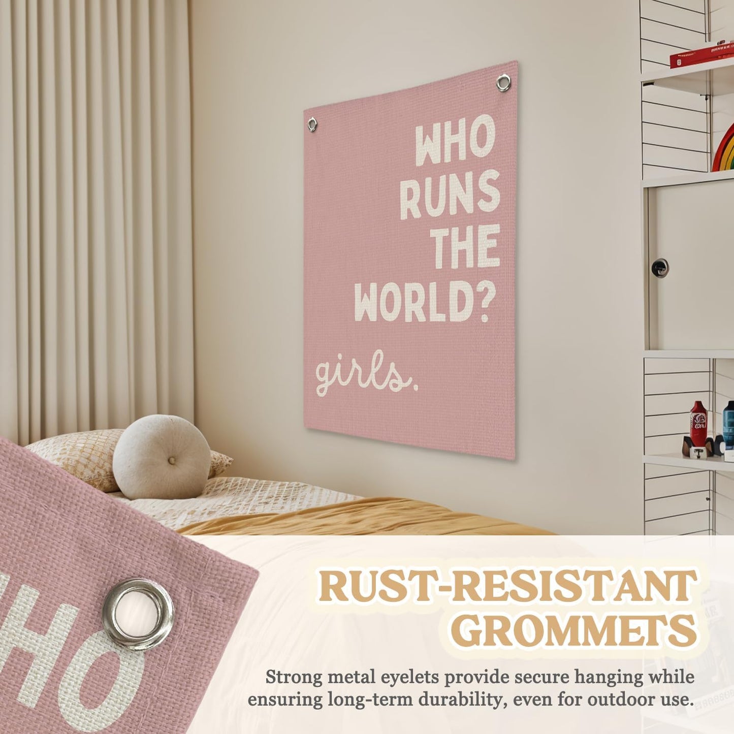 Girls Room Decor for Nursery Decor Linen Canvas Banner,Pink Who Runs The World Girl,Inspirational Wall Hanging Flag Banner for Baby Kids Girl Bedroom Dorm 18x25 Inch