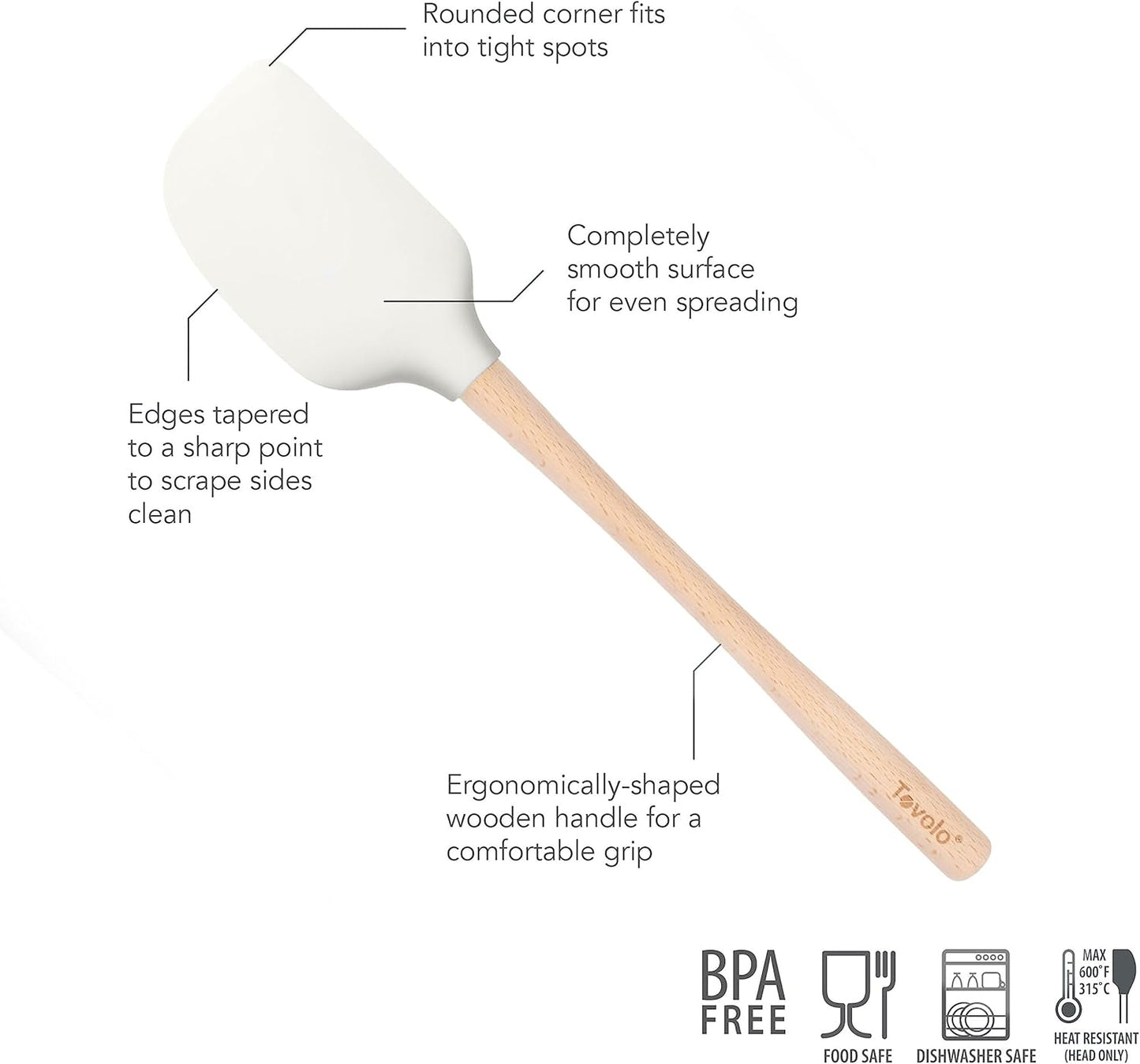 Tovolo Silicone Spatula Wooden Handle for Cooking Baking Mixing, Heat Resistant Food Safe BPA Free Flexible Silicone Baking Spatula with Wood Handles Kitchen Utensils Nonstick Safe, White