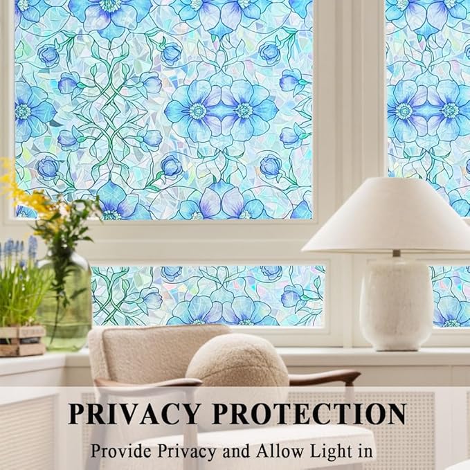 Etched Window Privacy Film Blue Purple Floral Sliding Glass Door Tint No Glue Static Cling Decals 3D Rainbow Decorative Covers Iridescent Anti UV Removal DIY Home Office,17.5X78.7in.