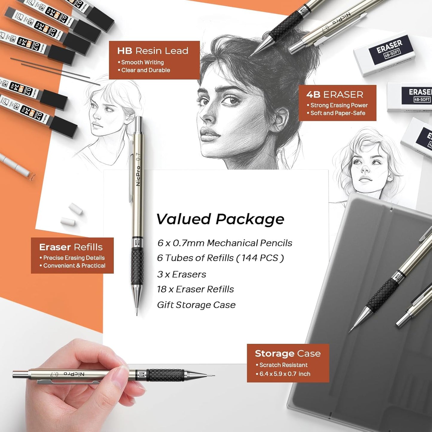 Nicpro 0.7 mm Art Mechanical Pencils Set, 6 PCS Metal Drafting Pencil 0.7mm Tube HB Lead Refills & 18 Cap Eraser for Adults, Children, Artist Writing, Drawing, Sketching, Black