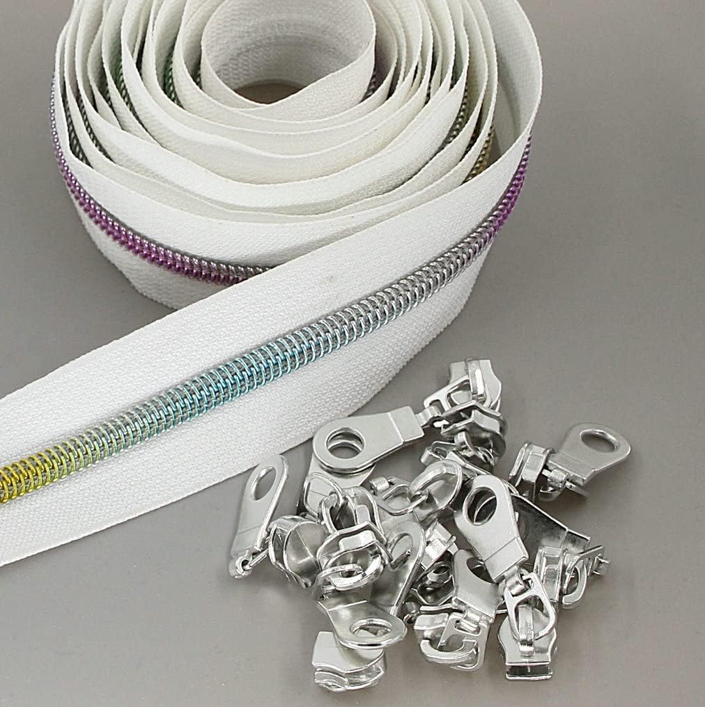 Leekayer #5 Metallic Nylon Coil Zippers by The Yard Colorful Teeth Zipper Bulk 10 Yards White Tape with 25pcs Silver Sliders for DIY Sewing Tailor Craft Bag(White)