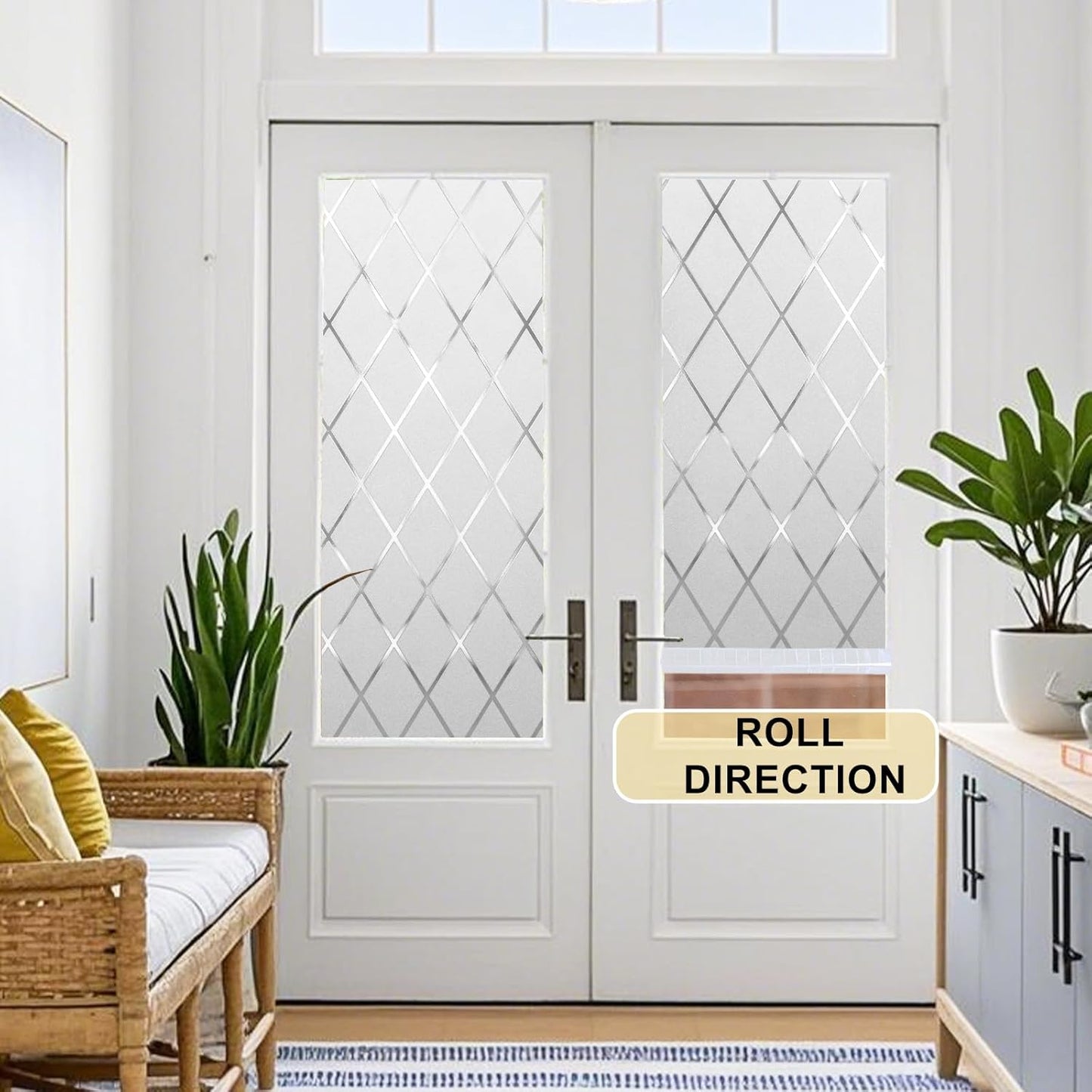 Window Privacy Film Decorative for Front Door, Bathroom Static Cling Stained Glass Sticker Opaque Heat Control UV Blocking Non-Adhesive for Home,Grid 35.4 x 78.7 inches
