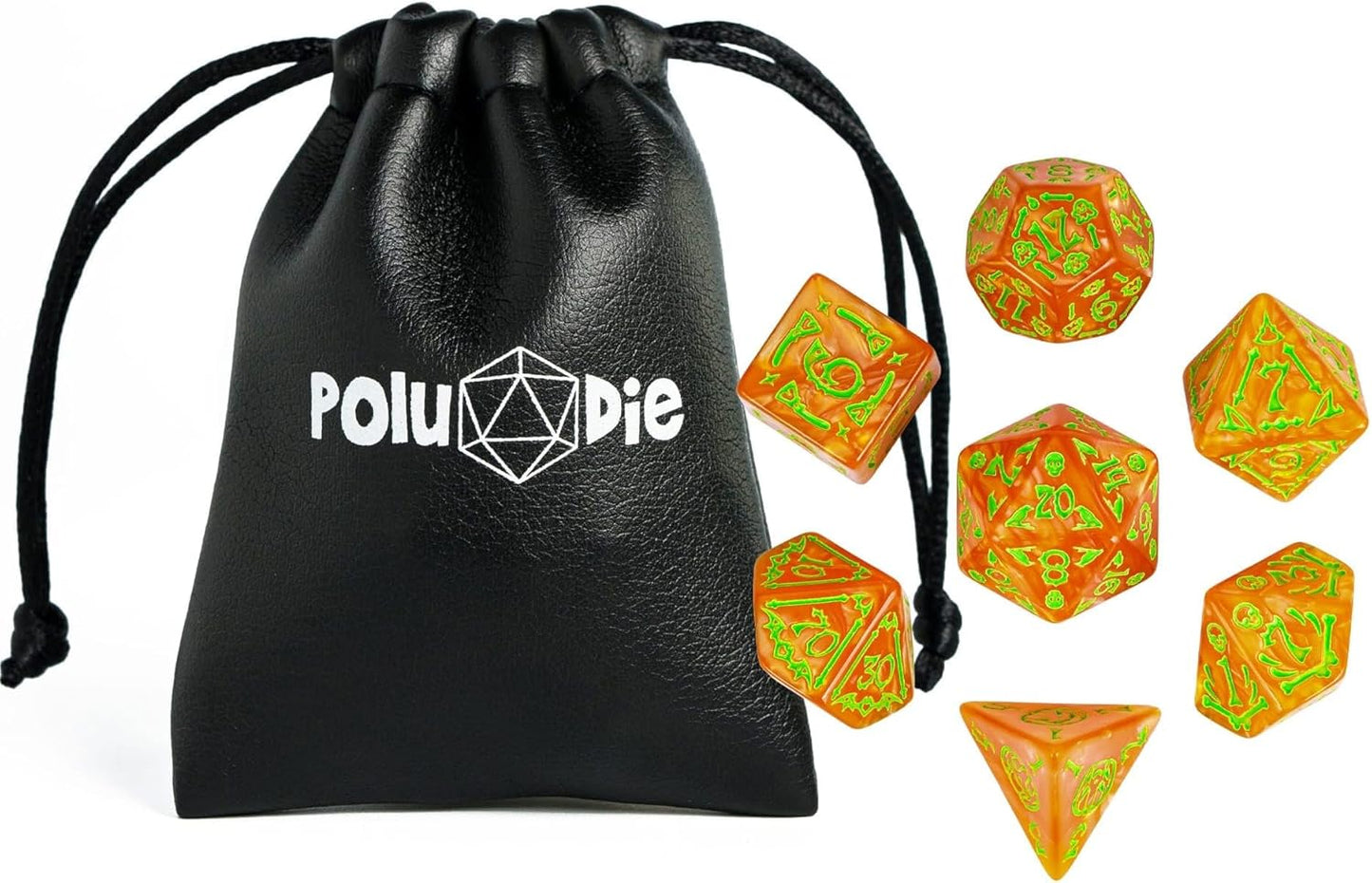 7-Die DND Dice Set Halloween Pattern Polyhedral Die Set with Leather Bag, Skull Dice D&D Die for RPG Table Games(Halloween Pattern-Orange/Green Number)