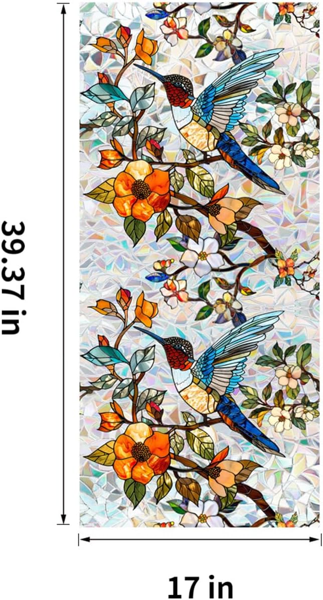 Stained Glass Window Film UV Resistant Window Privacy Film Hummingbird Floral Privacy Rainbow Decals Living Room Bedroom Sun Blocking Decor Removable Static Cling Stickers 17 x 39.37 Inch