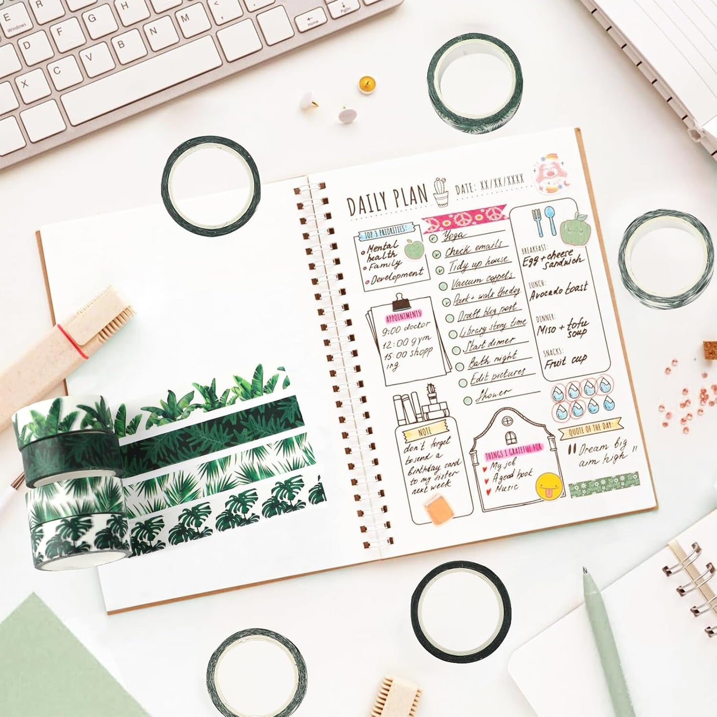 12 Rolls Greenery Washi Tape Set, Summer Tropical Leaves Masking Tape, Green Plants Cactus Succulents Decorative Tape Sticker for Scrapbook Journal DIY Craft Gift Wrapping 16.4FT