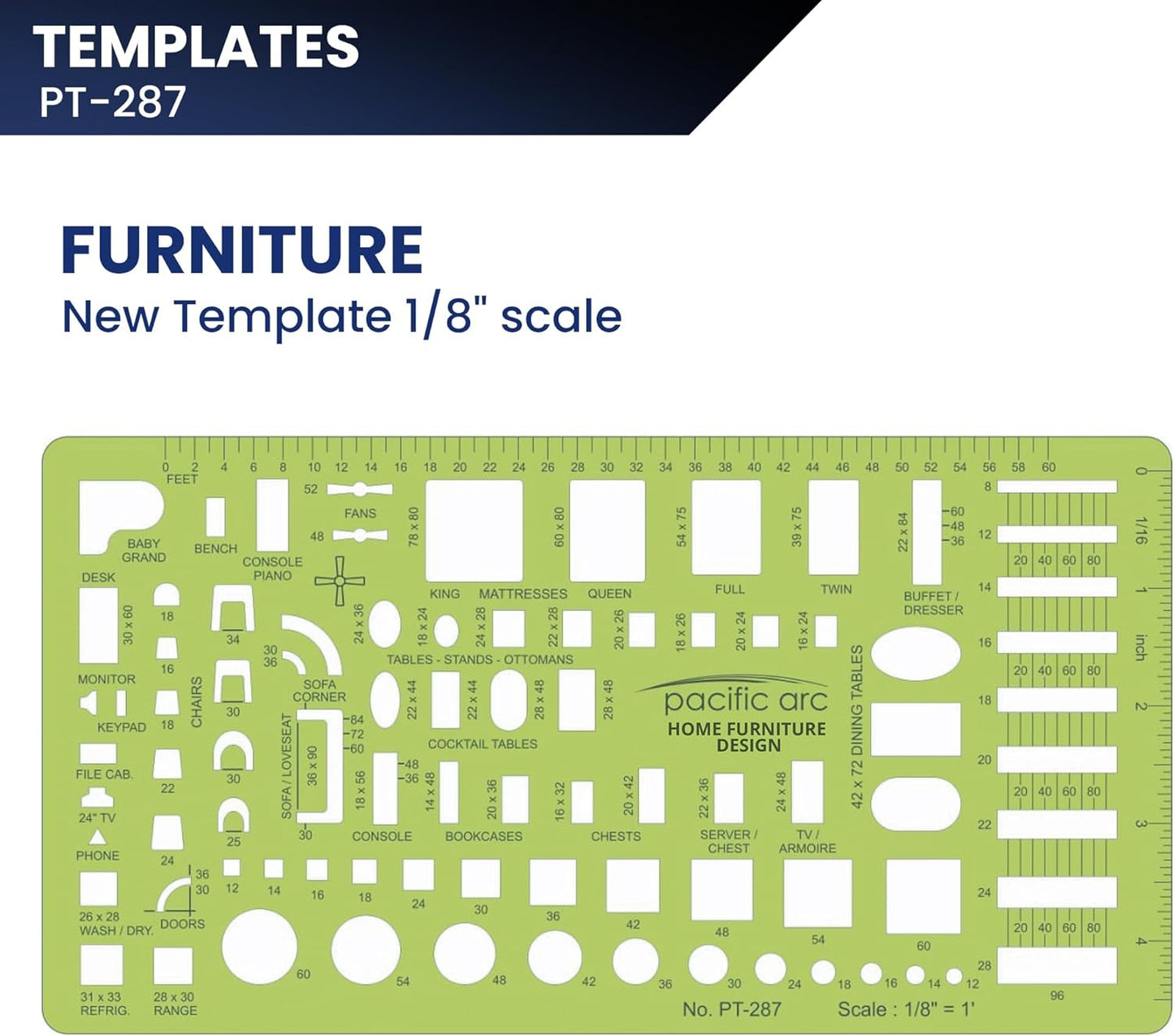 Pacific Arc, Furniture Template, 1/8 inch Scale. Drawing aid Stencil for Professional or School Work, Size 5 x 8.625 in.