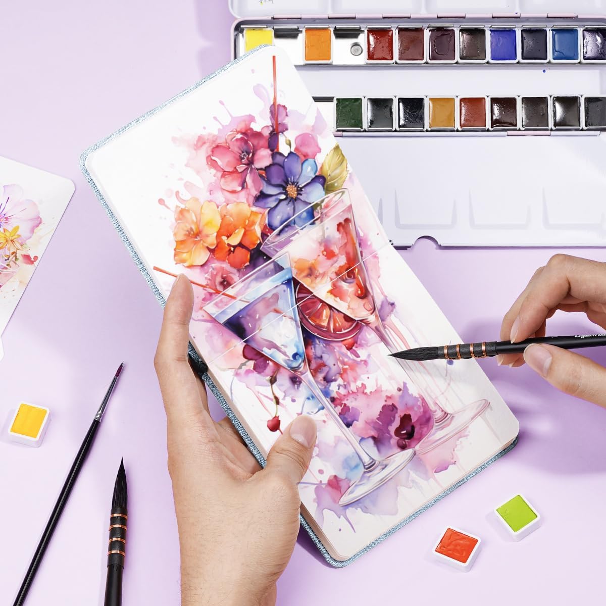 Lightwish Square Watercolor Journal,100% Cotton,300gsm/140lb,Acid-Free,24 Sheets Hot Press Watecolor Paper Sketchbook for Artists Adults Students,4.7 * 4.7 Inches