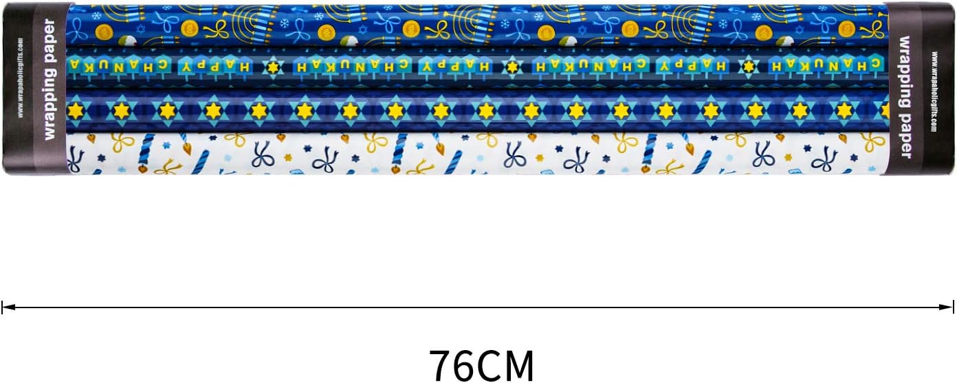 WRAPAHOLIC 30 Inch Hanukkah Wrapping Paper Roll - Jumbo Roll Menorahs, the Star of David, Candles Design for Chanukah Celebration - 4 Rolls - 30 Inch x 120 Inch Per Roll