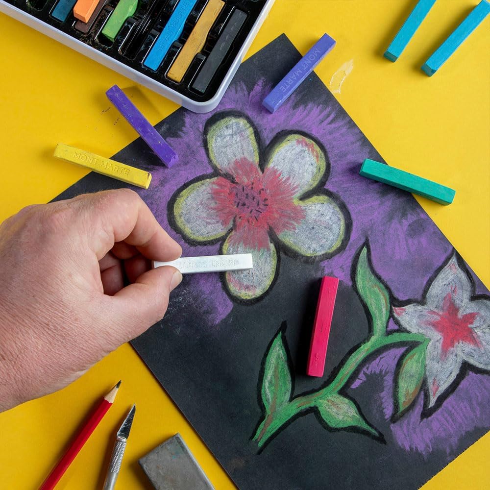 Mont Marte Soft Pastels in Tin Box Signature 24pc, 24 Assorted Colors, Vibrant Pastel Sticks, Great Blending, Comes in Storage Case, Ideal for Art, Craft, Coloring and Sketching