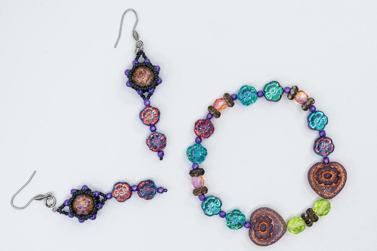 2.1oz (60 g) Mix of Unique Czech Bohemia Glass Pressed Beads, Crazy Purple Green Copper, Table Cut, Matte and Glossy, Faceted Fire Polish, Hand Made Set Kit BCV