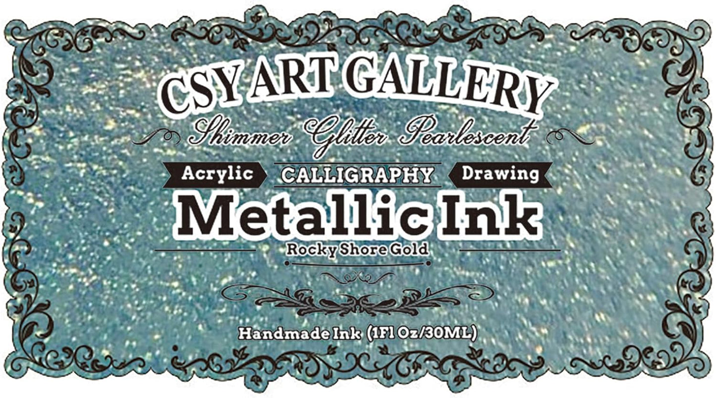 CSY Art Gallery Metallic Acrylic Paint Inks -Calligraphy Ink -Professional Rich Pigment for Marker Pen,Painting,Drawing,Sketch,Resin,Wood,Ceramic (Rocky Shore Gold)