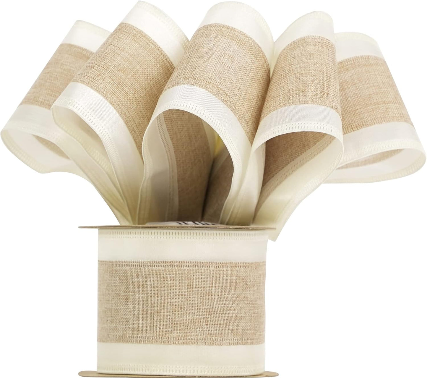 MEEDEE Burlap Wired Ribbon with Satin Edge - White Stripe, 2.5 Inch, 10 Yards for Wreath, Garland, Topper, Bow Making, Fall, Christmas, Wedding Decorations