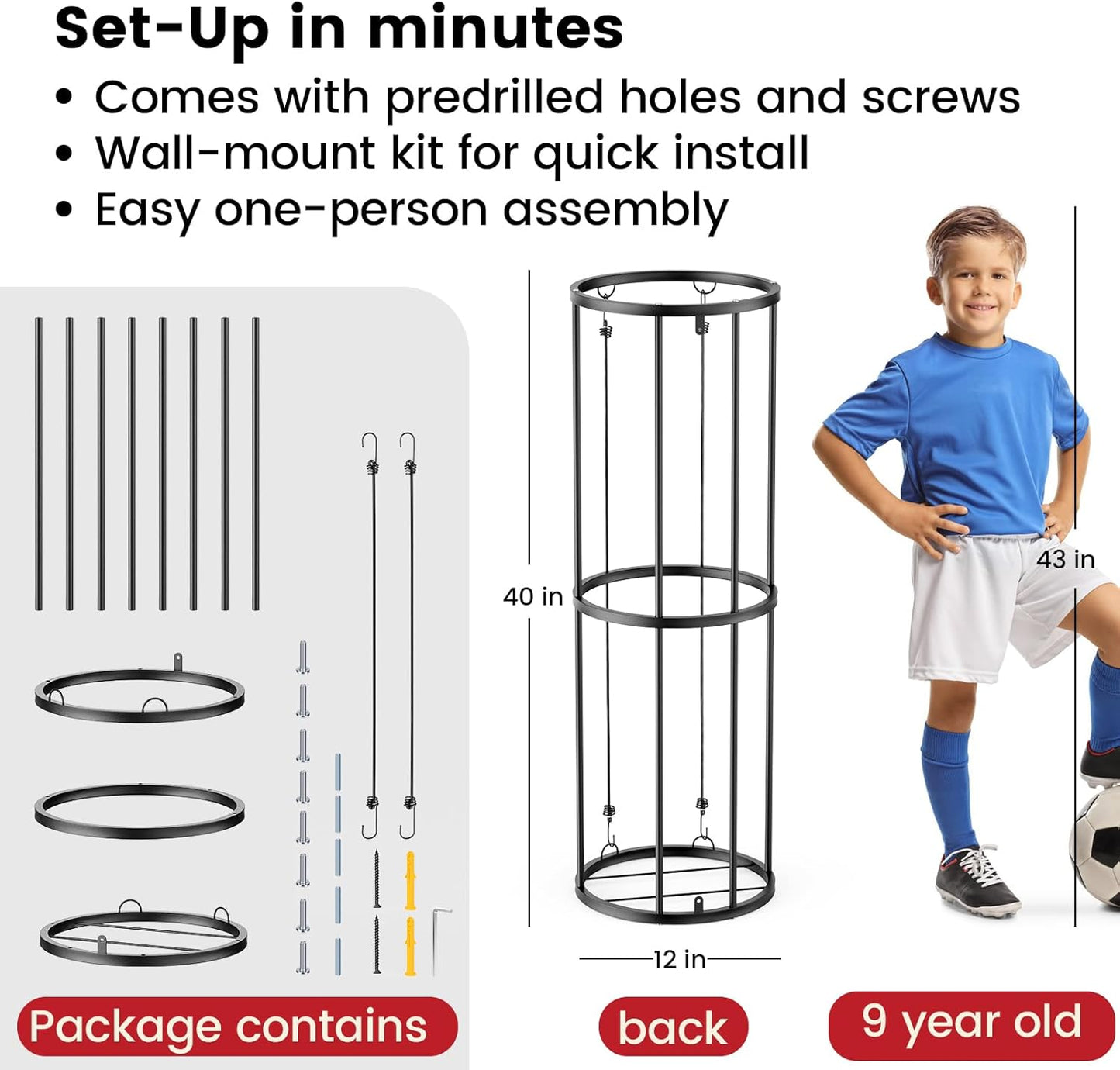 Garage Ball Storage Rack – Freestanding & Wall Mounted Sports Organizer with Elastic Cords Holds 7 Balls – Space Saving Basketball Soccer Football Holder for Home Kids Room