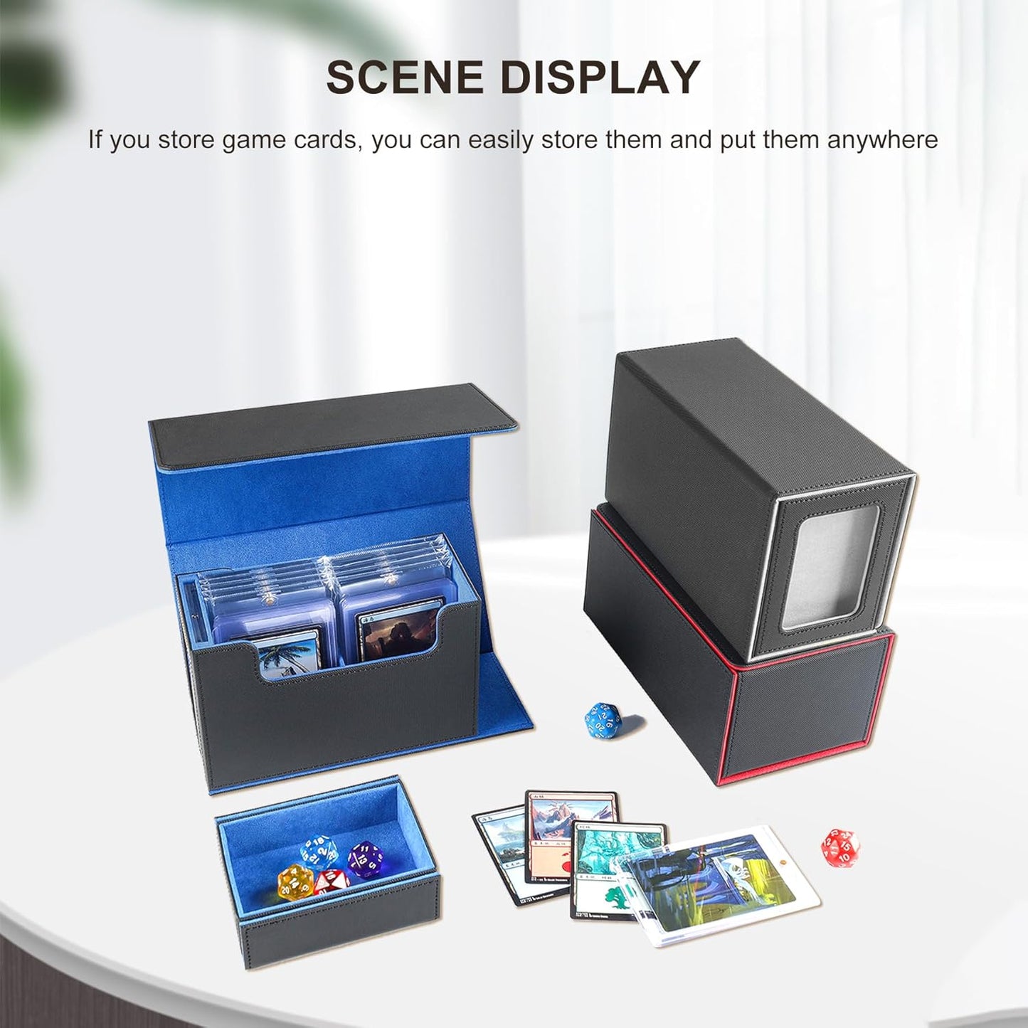 Card Storage Box for Trading Cards,450+ Card Deck Case,Leather Magnetic Closure Commander Storage Box,Protectors Fit for YuGiOh, MTG and Sport Cards (Black, blue, 450+)