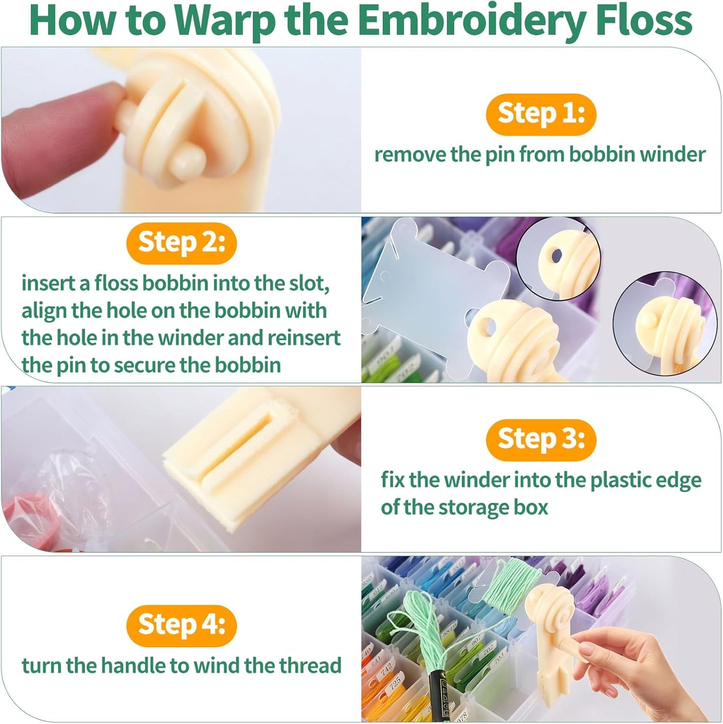 Yuahar 265Pcs Embroidery Floss Organizer Kit, 2 Removable 24-Grid Thread Storage Boxes with 250 Plastic Bobbins, 2 Bobbin Winders and Stickers for DIY Cross Stitch Needlework Thread Sewing