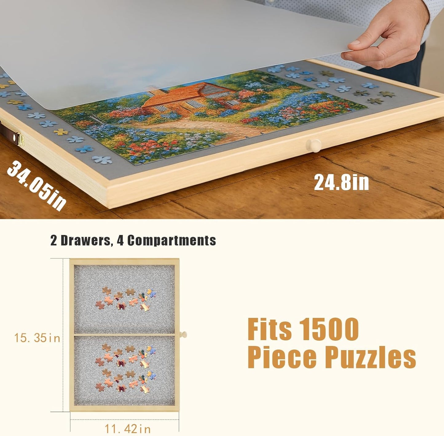 1500 Pieces 2-in-1 Tilting & Rotating Puzzle Board with 4-Angle Adjustment & Dual Rotation Mode, 34.05"x24.8" Portable Wooden Lazy Susan Jigsaw Puzzle Table with Drawers and Cover for Adults Gifts