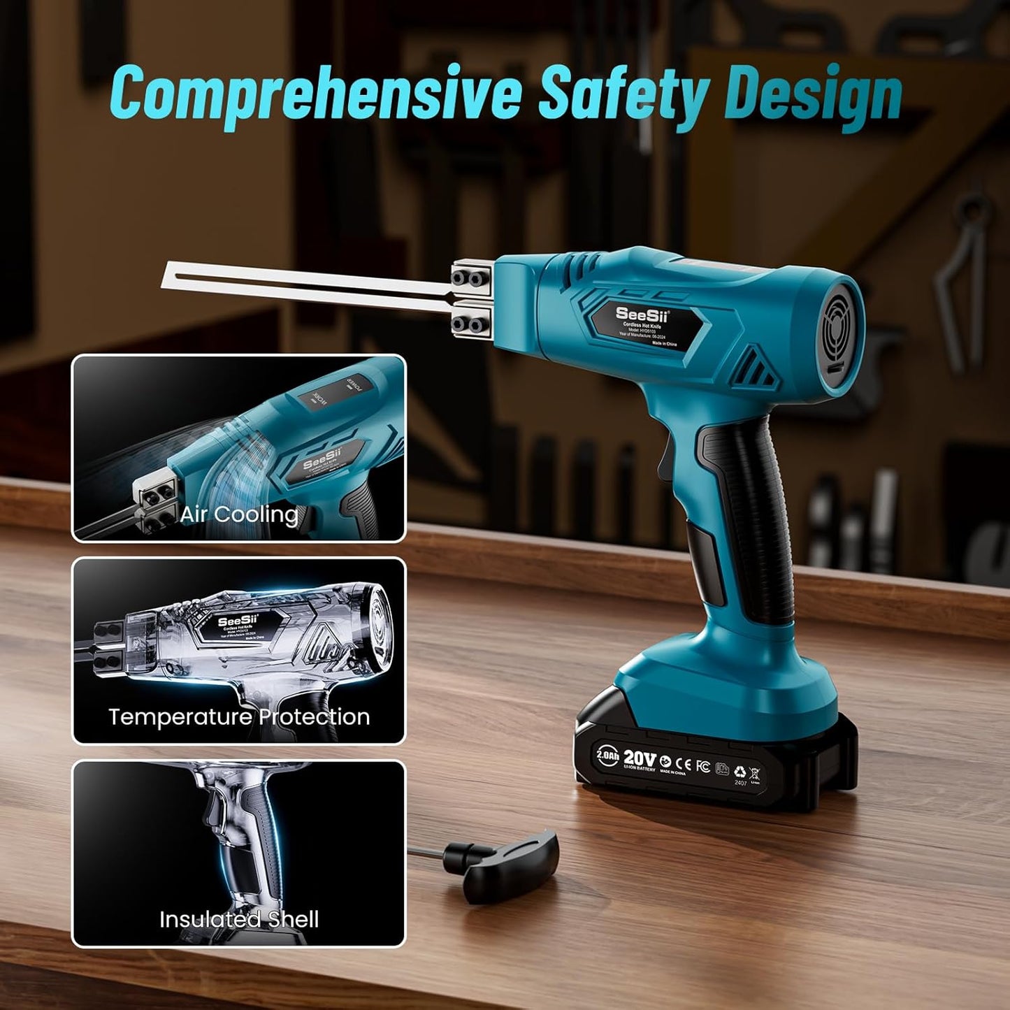 SEESII Cordless Foam Cutter: Electric Hot Knife Kit with 2×2000mAh Batteries,120W Power (Max 842°F) Air-Cooled Styrofoam Cutting Tool with 4 Blades for Rope,Fabric,EPP,EPS, XPS,EPE,PU,KT Board