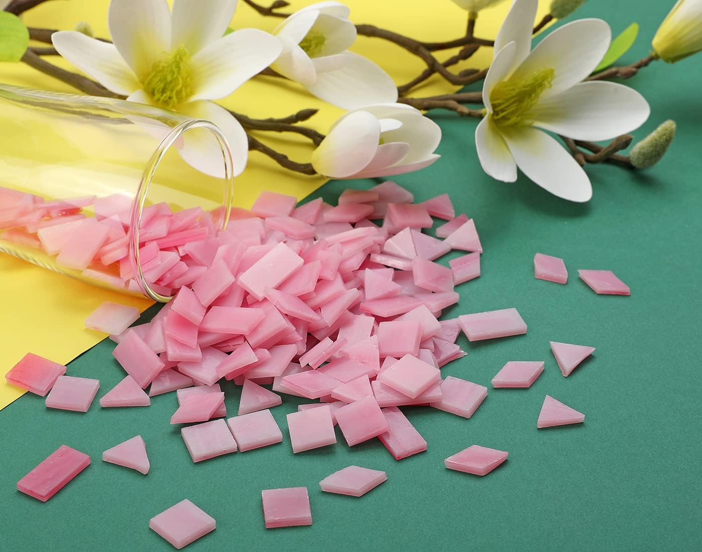 Lanyani 200 Mixed Color Glass Mosaic Tiles - 4 Shapes, Tiffany Stained Glass Pieces for Crafts, Pink