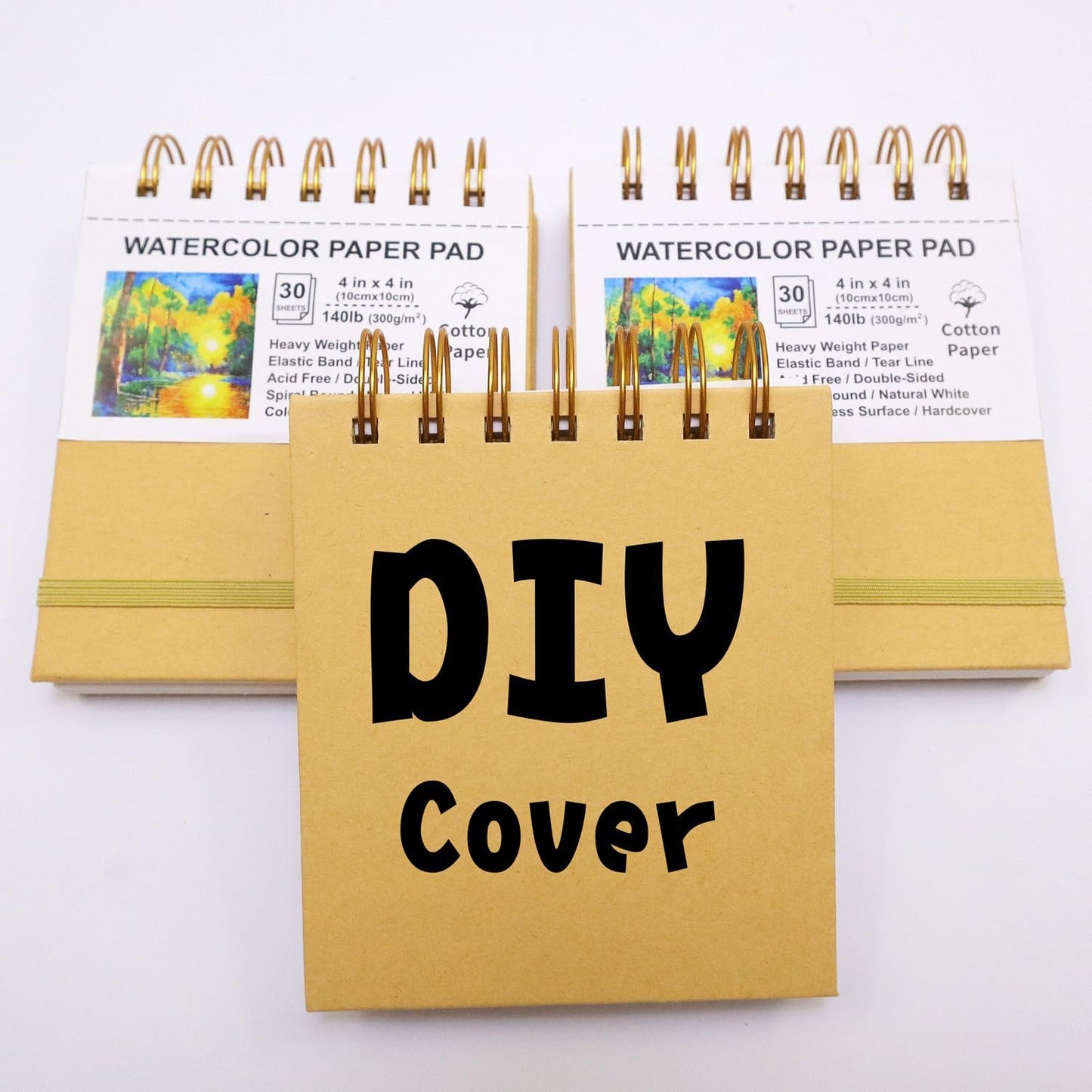 Mini Watercolor Paper Pads, 4x4, 3Pack, Kraft Hardcover Sketch Books, 140lb/300gsm Heavyweight Cotton Paper, Spiral Bound, Cold Pressed, Dual-Sided(Smooth&Texture),Painting Paper for Artists Students