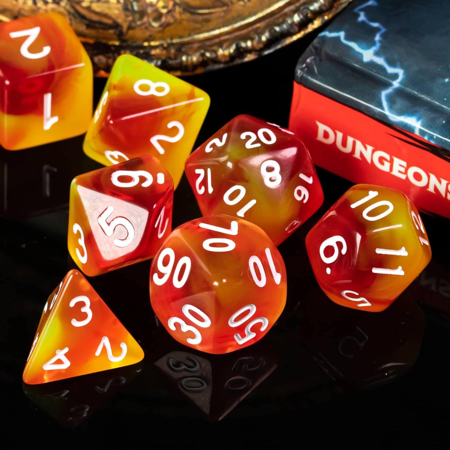 7-Die DND Dice Set Polyhedral Dice Set with a Leather Dice Bag, D&D Dice Set for Dungeons and Dragons, RPG Table Games (T/Red Yellow)