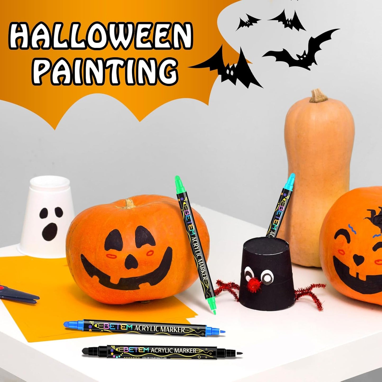Betem 60 Colors Dual Tip Acrylic Paint Pens Markers, Premium Acrylic Paint Pens for Halloween Decorations, Wood, Canvas, Stone, Rock Painting, Glass, Ceramic Surfaces, Pumpkin Painting Kit DIY Crafts