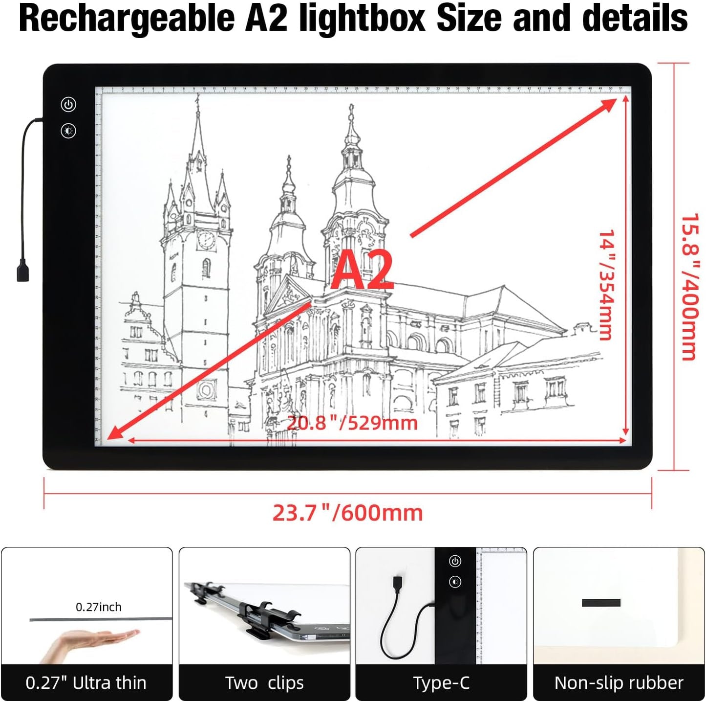 Zocelight Rechargeable A2 Light pad for Diamond Painting,A2 Light Board with 5200mAh Battery,6 Levels Dimming/3 Color temperatures 5500 Lux Super Bright Light Box for Drawing,Sketching,Animation