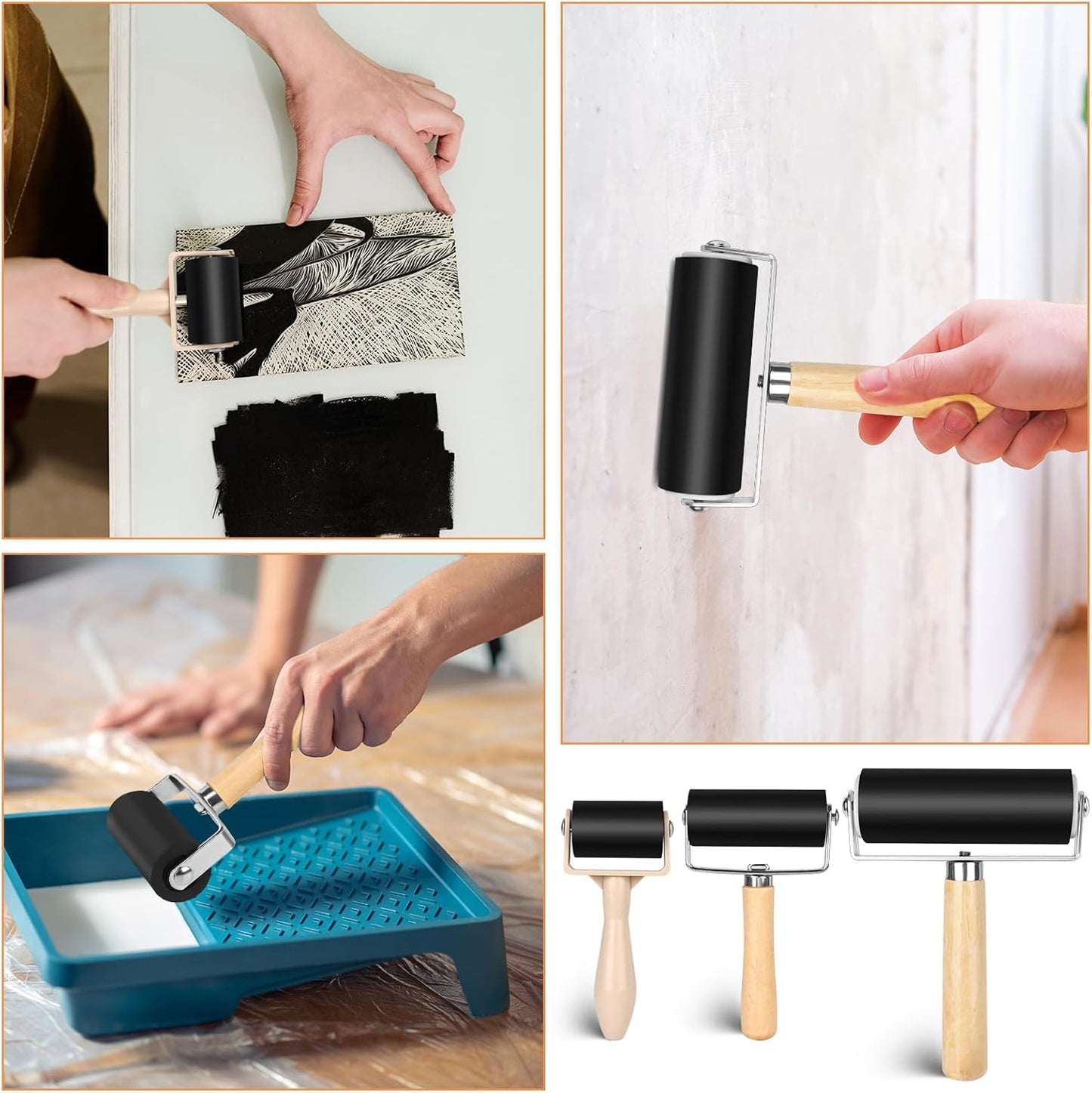9 Pack Rubber Brayer Roller 1.4/2.4/4 Inch Art Craft Roller Hard Rubber Brayer Rollers for Gluing Printing Printmaking in Application Wallpapers Stamping Oil Painting Scrapbooks
