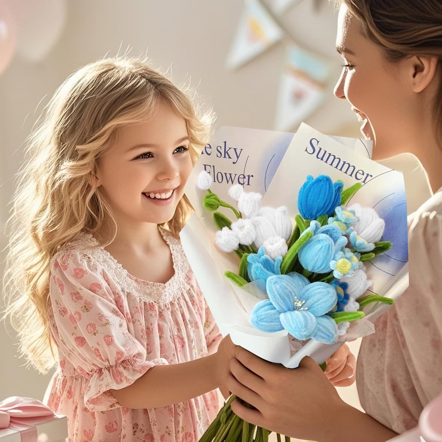 500 Pcs Pipe Cleaners Craft,5 Colors Pipe Cleaners Bulk,Chenille Stems Flowers Craft kit for DIY Handmade Bouquet Wrapping Party Decorations whit Ribbons,Stems,Tape,Stamens, Glue Sticks (Blue)