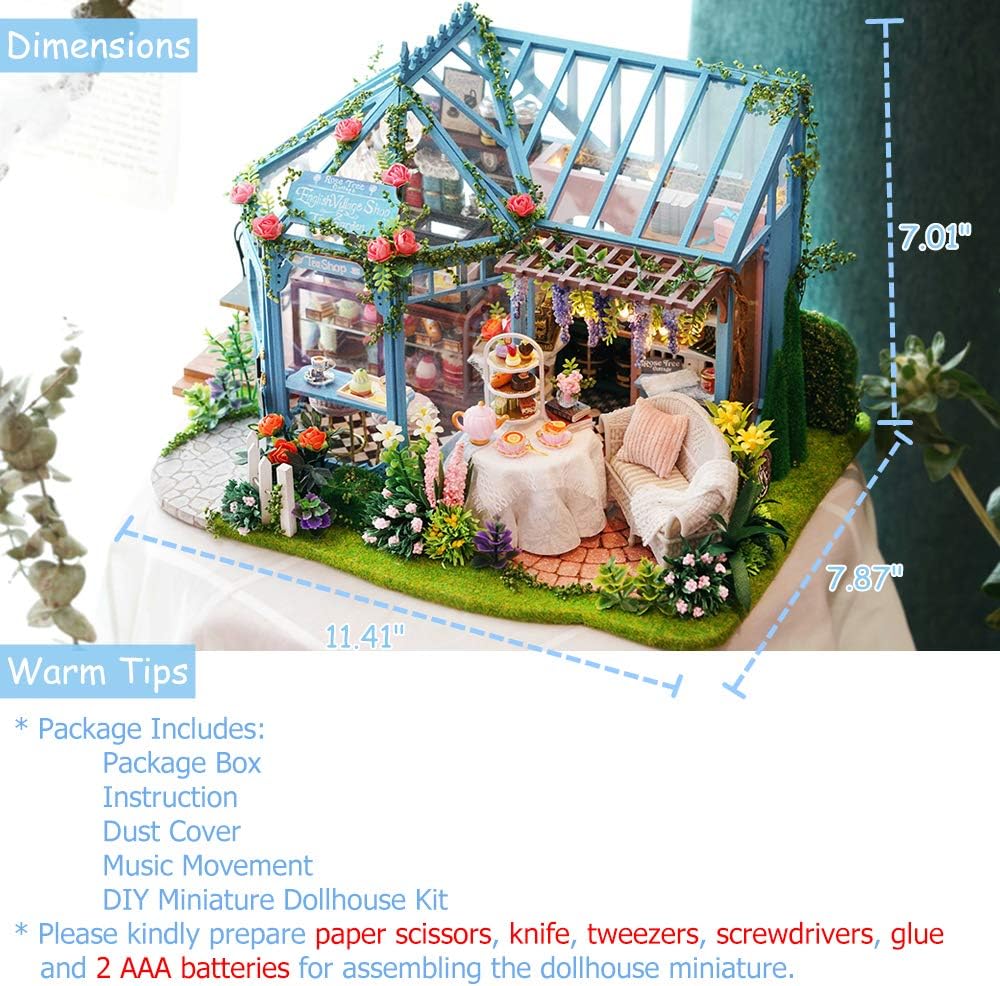 TuKIIE DIY Miniature Dollhouse Furniture Kit, 1:24 Scale Creative Room Wooden Doll House Accessories Plus Dust Proof & Music Movement for Kids Teens Adults(Rose Garden Tea House)