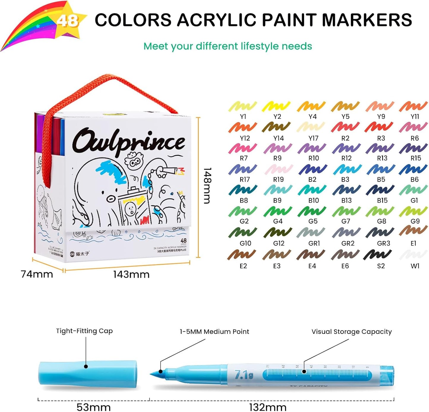 7.1G Acrylic Paint Markers Direct Liquid - 48 Colors Acrylic Markers with Automatic Ink Control, Paint Markers High Opacity Paint Pens Waterproof Lightfast for Rock Painting Eggs Wood Glass Ceramic