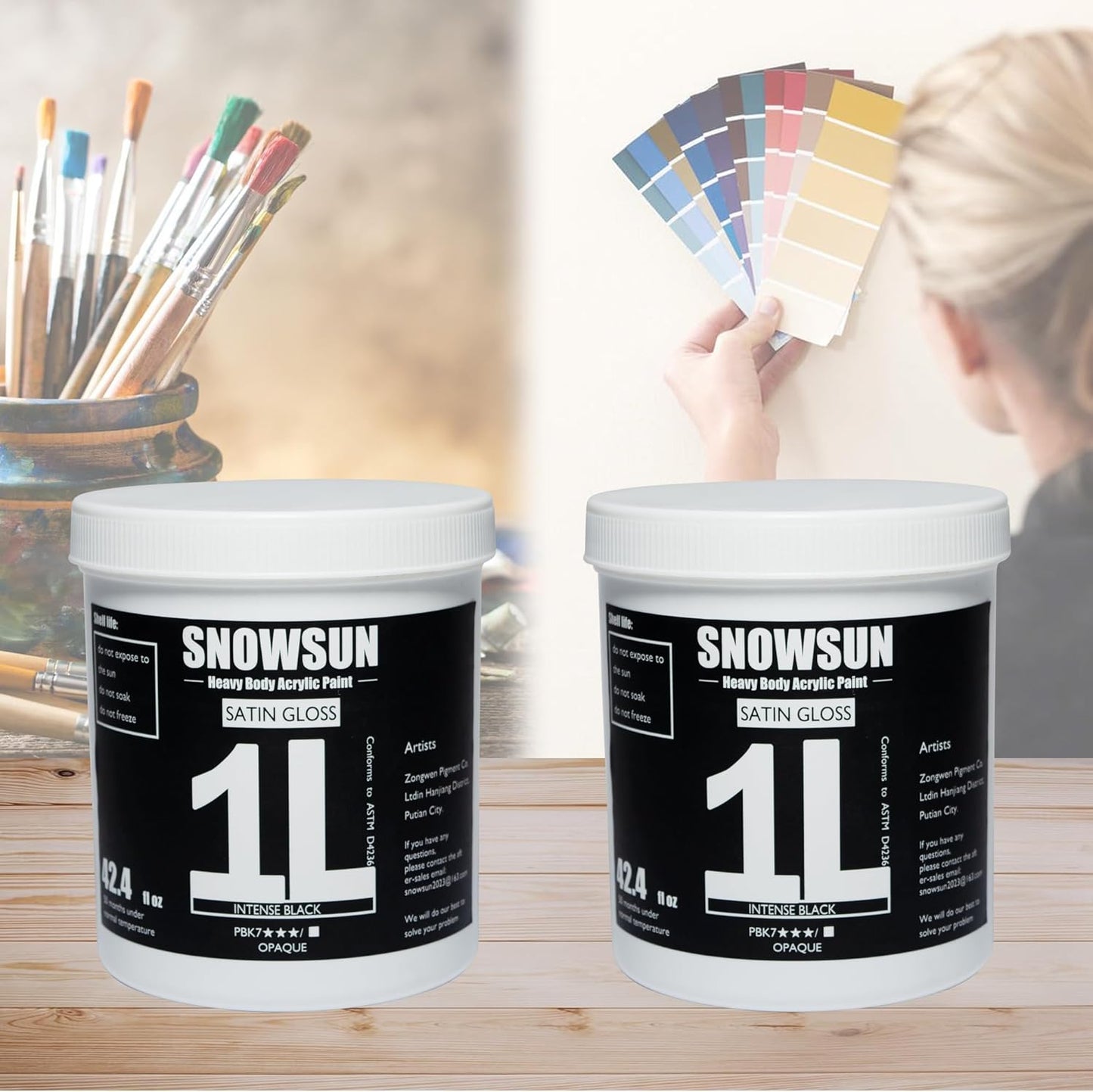 SNOWSUN Charcoal Black Acrylic Paint, Basics Large Bulk Acrylic Paints (1000ml/42.4 oz) Gloss Non-Toxic Heavy Body Paints - Thick Art Paints for Multi-Surface Canvas Wood Ceramic Fabric Wall- Ideal for Artists & Beginners