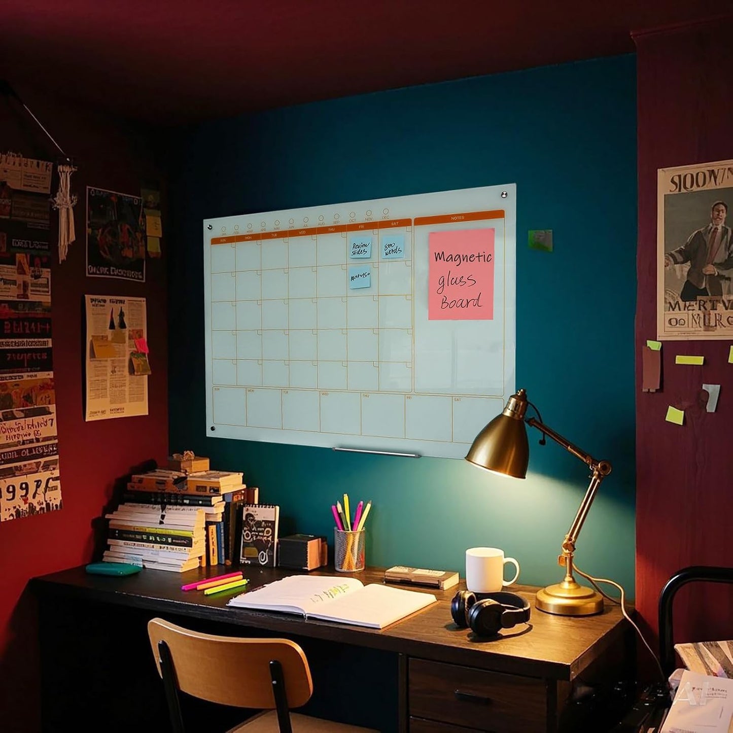 Magnetic Glass Whiteboard Calendar 48"x36" Glass Dry Erase Calender Board 36"x48" Monthly Plan White GlassBoard Wall Mounted for Office School Home (White)