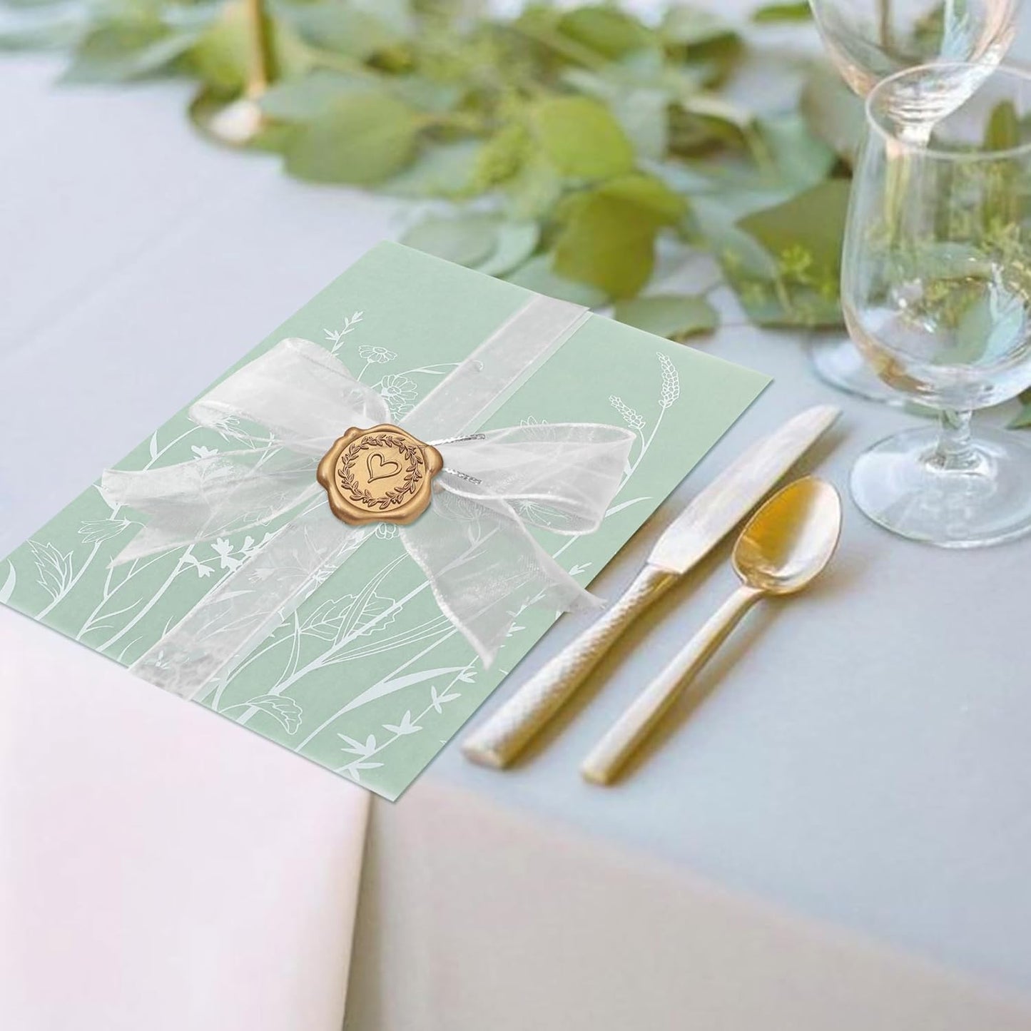 SWANGSA 100 Sets Wedding Invitations Wraps, Vellum Jackets for 5x7 Invitations & Self Adhesive Antique Gold Heart Wax Seal Stickers for Wedding Bridal Baby Shower Birthday Envelopes (White Wildflower)