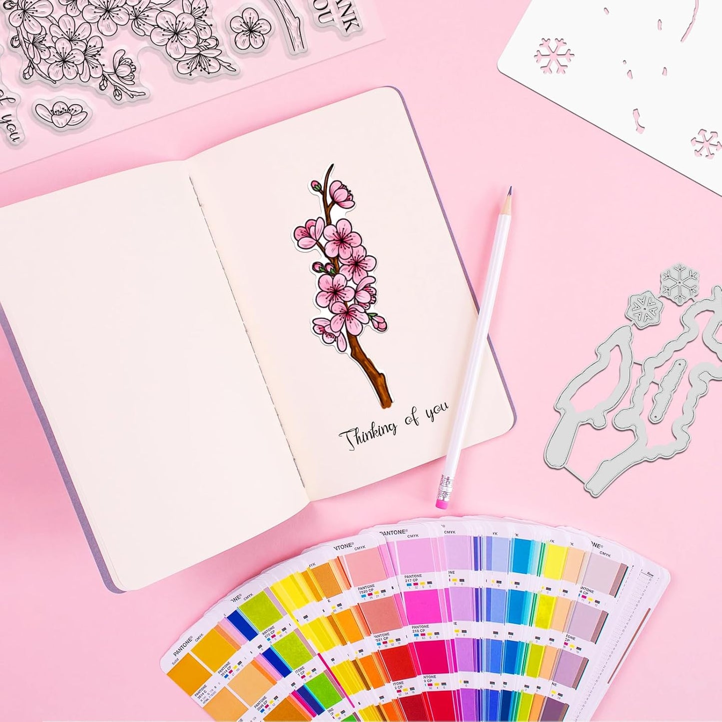 ORIGACH Realistic Winter Plum Blossom Stamps and Dies and Layering Coloring Stencil Set, Silicone Stamps Metal Die Cut and Flower Stencil Template for Card Making Scrapbooking DIY Crafting