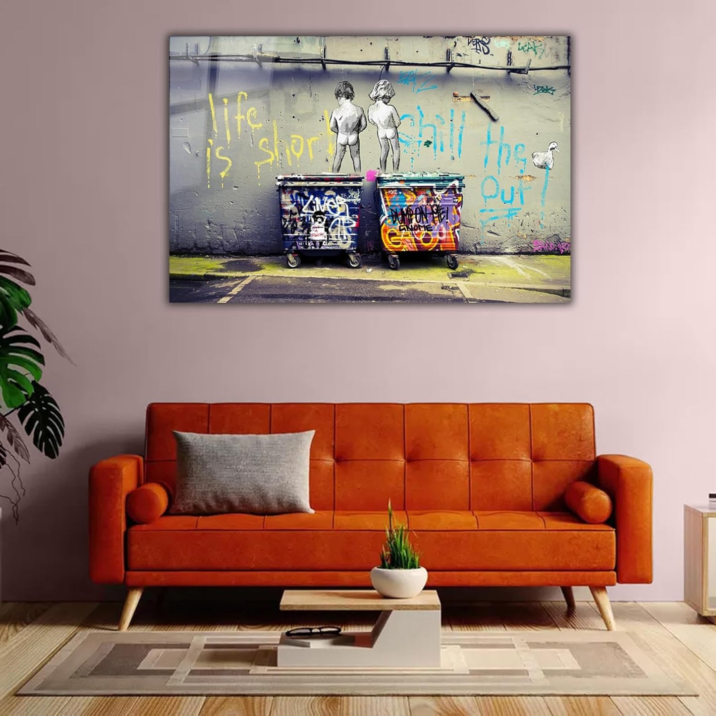 SpiritualHands Banksy Peeing Boys Life Is Short Printed Tempered Glass Wall Art Painting for Living Room, Tempered Glass Modern Prints Decor, Large Vivid Color Panel for Bedroom, Kitchen, or Office