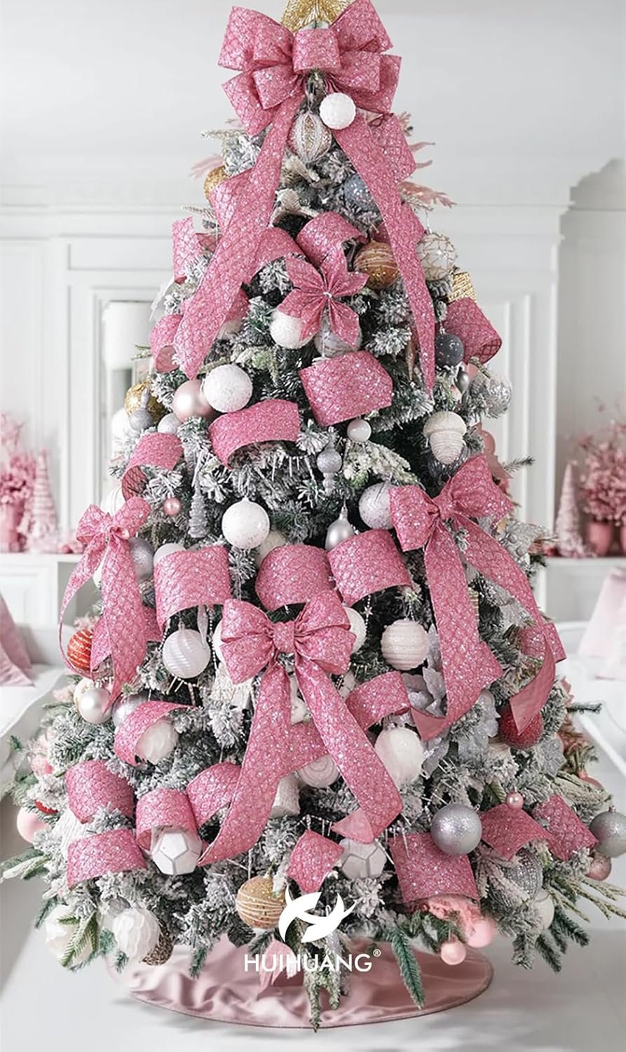 HUIHUANG Pink Glitter Wired Ribbon for Christmas Tree 2.5 inch Light Pink Diamond Mesh Wire Ribbon for Tree Decoration, Wreaths, Garland, Gift Wrapping, Bows Making, Home Decor -10 Yards