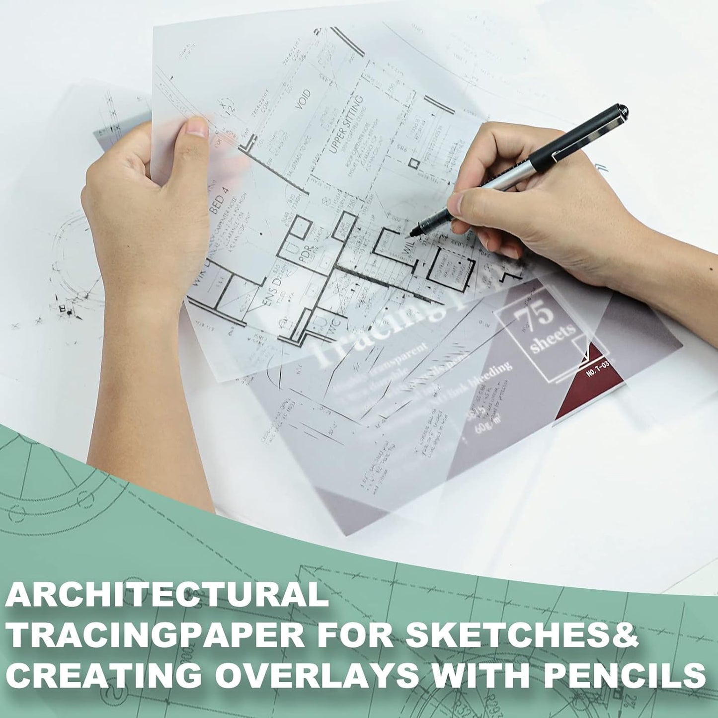 Tracing Paper 8.5x11 inch, 100 Sheets Transparent Vellum Paper for Tracing Pads, 38lb/60gsm Translucent Tracing Paper for Pencil, Marker and Ink,Trace Images, Sketch, Preliminary Drawing, Overlays.