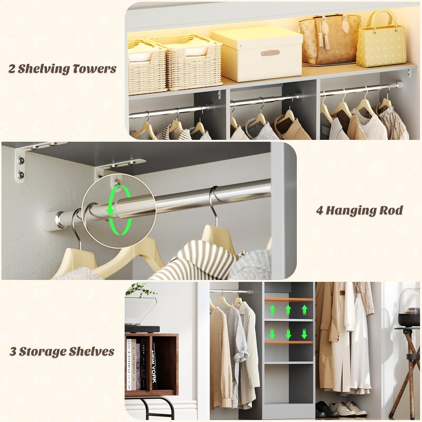 48" Small Closet Organizer, 4FT Small Closet System with 4 Closet Rods & 3 Shelves, 80"H Small Closet Organizers and Storage for Small Bedooms, Cloakrooms, Laundry Rooms, Gray