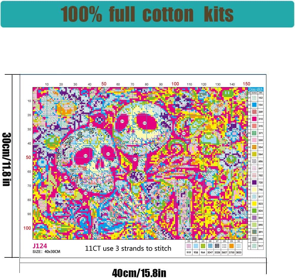 Halloween Stamped Cross Stitch Kits - Skullhead Jack Counted Cross Stitch Kits for Beginners Adults Needlepoint Cross-Stitch Patterns Dimensions Needlecrafts Embroidery Kits Arts and Crafts