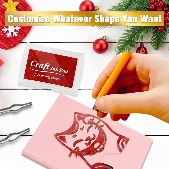 WAYCOM 18 Pcs Rubber Stamp Making Kit, Linoleum Cutter Set, Craft Ink Pad, Hobby Knife, Pencil for DIY Stamp Carving Craft